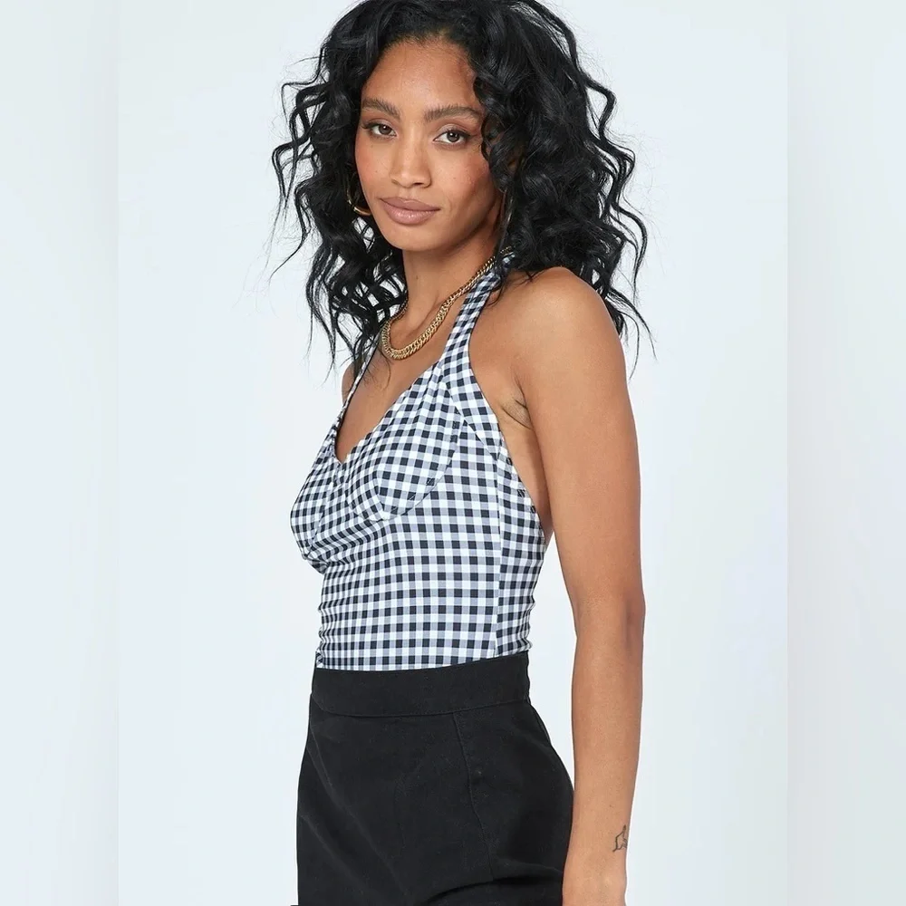 Princess Polly June Gingham Bodysuit Halter Tie Black White Check